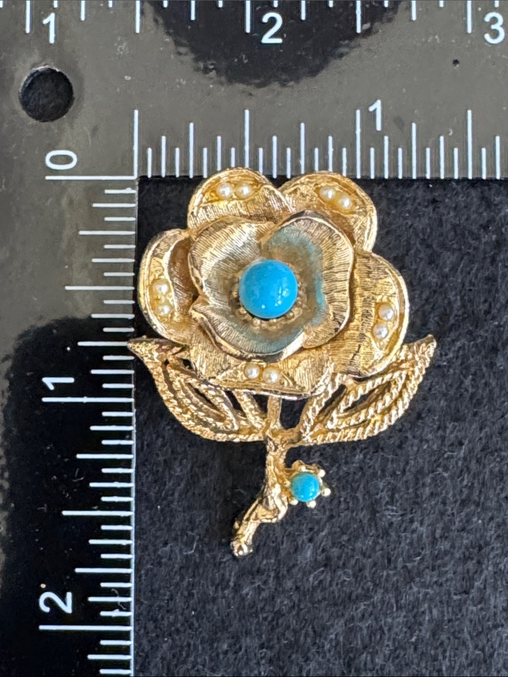 VTG 1960s Gold Tone Rose Flower Brooch Pin Faux Turquoise Cabochon Pearl - Picture 4 of 5